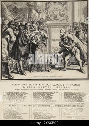Le mariage forcé de Don Quichotte, 1706, 't Gedwonge Huwelyk van Don Quichot dela France en Spagnoletta Infante (titre sur objet), le mariage par contrainte de Don-Quichot de la France & Spagnolette Infante (titre sur objet), Almanach royal de 1706, 't Lusthof van Momus (titre de la série), caricature sur l'arrivée de Philippe V en Espagne et son mariage avec la Vierge espagnole. Au-dessus de la porte une représentation de la prise de Barcelone par la flotte alliée sous Charles III (1706). L'assiette originale (la belle Constance dragonée par Arlequin deodat) adaptée à la situation de l'année 1706 pendant le Banque D'Images