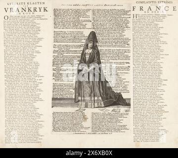 Madame de Maintenon comme la France plaignante, 1706, Extreme Complaints of Vrankryk in Mourning, Complaintes extrémes dela France en deuil (titre sur objet), Royal Almanach de 1706, 't Lusthof van Momus (titre de la série), Madame de Maintenon comme la France plaignante, debout, vêtue en veuve. Versets dans la planche en néerlandais, 2 colonnes de texte en néerlandais et en français imprimées sur la page. Caricature sur la situation en l'an 1706 dans la guerre de succession d'Espagne. Fait partie d'une série de 25 caricatures sur les Français et alliés de l'année 1706., print, imprimeur : anonyme, éditeur Banque D'Images