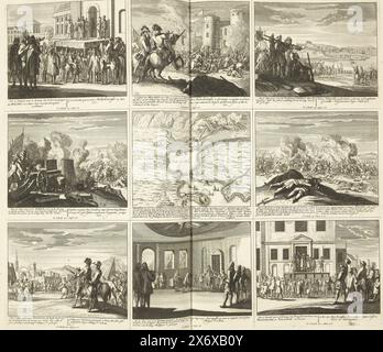 Théâtre de la guerre (page VIII), 1707, Théâtre de la guerre, à partir du roi Charles Ier jusqu'au roi Charles IIIer existant en IX. figures historiques sur une feuille d'éléphant, comme batailles, sièges sur l'eau et sur la terre, avec les forteresses les plus importantes (...) (titre de la série sur objet), feuille avec neuf représentations des événements de l'année 1707 de la guerre de succession d'Espagne et des cartes des villes fortifiées. Feuille VIII dans : Théâtre de la guerre (édition de 1720), l'estampe avec la série groupée de 31 planches sur la guerre de succession d'Espagne., estampe, imprimeur : Pieter Schenk (I), éditeur : Pieter Banque D'Images