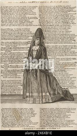 Madame de Maintenon en France plaignante, 1706, Almanach royal de 1706, 't Lusthof van Momus (titre de la série), Madame de Maintenon en France plaignante, debout, vêtue en veuve. Versets en néerlandais dans l'album. Caricature sur la situation en l'an 1706 dans la guerre de succession d'Espagne. Fait partie d'une série de 25 caricatures sur les Français et alliés de l'année 1706., imprimé, imprimeur : anonyme, éditeur : Carel Allard, (mentionné sur l'objet), inconnu, (mentionné sur l'objet), imprimeur : Northern Netherlands, éditeur : Amsterdam, 1706, papier, gravure, hauteur, 170 mm Banque D'Images