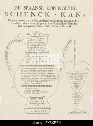 La cruche royale espagnole, 1706, la cruche royale espagnole, buvant sur la santé du roi Charles III, le jour de la proclamation de sa Majesté comme roi de la monarchie espagnole, à Madrid (titre sur objet), une cruche et un verre avec des inscriptions en l'honneur de Charles III comme roi d'Espagne. Fait partie d'un groupe de caricatures distinctes de Louis XIV pendant la guerre de succession d'Espagne, vers 1701-1713., imprimerie, imprimeur : anonyme, Nord des pays-Bas, 1706, papier, typographie, hauteur, 335 mm × largeur, 267 mm Banque D'Images