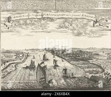 Vue de Nimmegen avec les fortifications projetées par Menno van Coehoorn, 1702, Nimmegen, avec les fortifications proposées par le général Koehoorn (titre sur l'objet), vue de Nimmegen aan de Waal avec les nouvelles fortifications projetées par Menno baron van Coehoorn, 1702 au sommet, textes en néerlandais et français mentionnant l'attaque ratée des Français en 1702., imprimeur, imprimeur : anonyme, éditeur : Abraham Allard, (mentionné sur l'objet), inconnu, (mentionné sur l'objet), imprimeur : Northern Netherlands, éditeur : Amsterdam, 1702 - 1705, papier, gravure, hauteur, 246 mm × largeur, 279 mm Banque D'Images