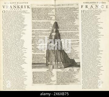 Madame de Maintenon as the Complaints France, 1706, Extreme Complaints of Vrankryk in Mourning, Complaintes extratrémes de la France en deuil (titre sur objet), 15. De Gierigheid, ou 't Klagenend Vrankryk, Addendum à l'almanach Koninglyke, appelé het Gulde -année des Alliés, 1706, 't Lusthof van Momus (titre de la série), Madame de Maintenon comme se plaignant de la France, debout, vêtue comme une veuve, 1706. Dans la plaque tous les versets et inscriptions sont en néerlandais. Versets imprimés en néerlandais et en français sur la feuille de chaque côté de la plaque. N° de feuille. 15 (numérotés en haut à droite) dans la série de 25 Banque D'Images