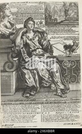 Plainte de l'électrice de Bavière, 1705, The Beyrin in Her Den or the Complaints Electress of B (...) in Venice, commissions de l'électrice de B (...) Refugiée a Venise (titre sur objet), Royal Almanach of 1705, 't Lusthof van Momus (titre de la série), plainte de Theresia Kunigunde Sobieska, électrice de Bavière (épouse de Maximilien II Emanuel, électrice de Bavière), 1705. Sur la gauche un grand buste du roi Louis XIV avec des vers en néerlandais et en français dans l'album. N° impr. 4 (de Hoop - l'espérance) dans la série de 7 estampes dans l'Almanach Royal de 1705 dans l'ouvrage imprimé publié sous le Banque D'Images