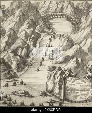 Conquête de la flotte du Trésor espagnole dans la baie de Vigo, 1702, prise de la baie et du havre[n] de Vigos, et de la conquête et de la destruction des navires français et des gallions espagnols par les flottes combinées (titre sur objet), la conquête de la flotte espagnole argent dans la baie de Vigo, fermée par une barrière, par la flotte combinée anglaise et néerlandaise, le 23 octobre 1702. En bas à droite deux putti avec un tissu portant la légende A-Q., impression, imprimeur : anonyme, éditeur : Anna Beeck, (mentionné sur l'objet), inconnu, (mentionné sur l'objet), Nord des pays-Bas, 1702, papier, gravure, hauteur, 387 mm Banque D'Images