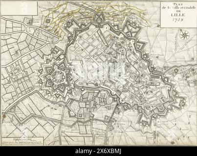 Plan du siège de Lille, 1708, Plan de la ville et Citadelle de Lille [1708] (titre sur objet), carte du siège du 22 août de Lille (Lille) par les Alliés sous les ordres du prince Eugène de Savoie et du prince Johan Willem Friso. Les tranchées sur le côté nord de la ville sont colorées., imprimeur, imprimeur : anonyme, éditeur : Gaspard Baillieul, (mentionné sur l'objet), imprimeur : France, éditeur : Paris, 1708, papier, gravure, hauteur, 372 mm × largeur, 503 mm Banque D'Images