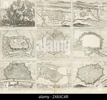 Théâtre de la guerre (page II), 1701-1702, Théâtre de la guerre commençant avec le roi Charles le second existant dans les batailles et sièges, à la fois sur l'eau et sur la terre, avec les plus importantes forteresses (...) (titre de la série sur objet), feuille avec neuf représentations d'événements des années 1701-1702 de la guerre de succession d'Espagne. Inscriptions dans la performance en néerlandais et en latin. Planche 27 dans le travail d'impression avec la série groupée de 33 planches avec des représentations (la plupart divisées en 9 scènes plus petites) d'événements des années 1700-1727 de la guerre de succession d'Espagne et les années qui ont suivi Banque D'Images