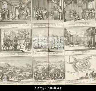 Théâtre de la guerre (page I), 1700-1701, Théâtre de la guerre commençant avec le roi Charles le second existant dans les batailles et sièges, à la fois sur l'eau et sur la terre, avec les plus importantes forteresses (...) (titre de la série sur objet), feuille avec neuf représentations d'événements des années 1700-1701 de la guerre de succession d'Espagne. Inscriptions dans la performance en néerlandais et en latin. Planche 26 dans le travail d'impression avec la série groupée de 33 planches avec des représentations (la plupart divisées en 9 scènes plus petites) d'événements des années 1700-1727 de la guerre de succession d'Espagne et les années qui ont suivi Banque D'Images