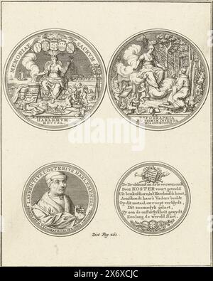 Médaille du troisième centenaire de l'invention de l'imprimerie par Laurens Jansz. Coster, 1740 ans, deux pièces de monnaie, frappée en 1740 à l'occasion du troisième centenaire de l'invention de l'imprimerie par Laurens Jansz. Coster. Marqué en haut : 258 ; en bas : voir page 261., imprimé, imprimeur : anonyme, après conception par : Martin Holtzhey, (mentionné sur l'objet), pays-Bas du Nord, 1740 - 1799, papier, gravure, hauteur, 171 mm × largeur, 139 mm Banque D'Images