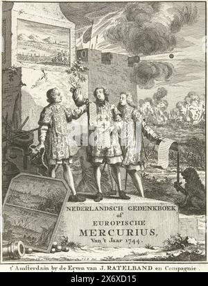 Page de titre de l'Europische Mercurius de 1744, page de titre du Livre commémoratif néerlandais ou Europische Mercurius, vers l'année 1744. Sur un piédestal se trouvent trois pages de l'Angleterre, de la France et de l'Autriche, au fond la guerre fait rage., imprimeur, imprimeur : anonyme, après dessin par : Jan Caspar Philips, (mentionné sur l'objet), éditeur : Erven J. Ratelband, (mentionné sur l'objet), imprimeur : Nord des pays-Bas, éditeur : Amsterdam, 1744, papier, gravure, gravure, hauteur, 175 mm × largeur, 140 mm Banque D'Images