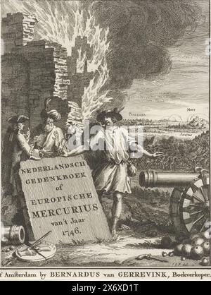 Page de titre pour l'Europische Mercurius de 1746, page de titre pour le Nederlandsch Gedenkboek ou Europische Mercurius, vers l'année 1746. Mercure avec un turc et une autre personne debout près d'un canon et une ruine brûlante, dans la guerre de fond à Piacenza, Mons et Inverness., estampe, imprimeur : anonyme, après dessin par : Jan Caspar Philips, (attribué à l'atelier de), éditeur : Bernardus van Gerrevink, (mentionné sur l'objet), imprimeur : pays-Bas du Nord, éditeur: Amsterdam, 1746, papier, gravure, gravure, hauteur, 172 mm × largeur, 133 mm Banque D'Images