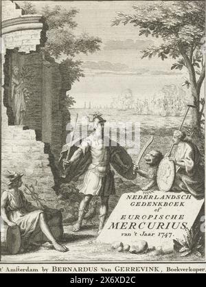 Page de titre pour l'Europische Mercurius de 1747, page de titre pour le Nederlandsch Gedenkboek ou Europische Mercurius, vers l'année 1747. Mercury regarde assis comme mars avec l'épée dessinée et le coq français fait face au Lion hollandais et à la Vierge. La Vierge néerlandaise avec un portrait du prince William IV., imprimeur, imprimeur : anonyme, éditeur : Bernardus van Gerrevink, (mentionné sur l'objet), imprimeur : pays-Bas du Nord, éditeur : Amsterdam, 1747, papier, gravure, gravure, hauteur, 171 mm × largeur, 132 mm Banque D'Images