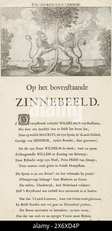 Allégorie sur l'élévation de Guillaume IV, 1747, en Surculus Arbor (titre sur l'objet), allégorie sur l'élévation de Guillaume IV comme stadtholder de la République, mai 1747. L'oranger tenu par le Lion néerlandais et anglais (avec couronne royale). La seringue est maintenant devenue un arbre (Willem IV). Buissons avec des roses anglaises de chaque côté. Tirage d'une ancienne plaque réalisée à l'occasion du mariage du prince Guillaume II et Maria Stuart en 1641, collée sur une feuille avec un verset sur l'élévation de Guillaume IV. signé à la main par Marshoorn et avec une inscription qui se réfère à la chambre Haarlem de Banque D'Images