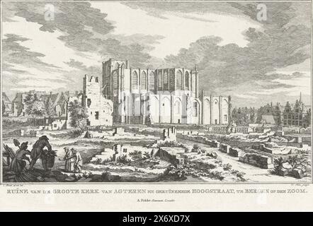 Ruine de la Grande Église de Bergen op Zoom, 1748, ruine de la Grande Église du dos et de la Hoogstraat en ruine, à Bergen op den Zoom (titre sur objet), dix vues des ruines après le siège et la destruction de Bergen op Zoom en 1747 (titre de la série), ruine de la Grote Kerk (Sint-Gertrudiskerk) de Bergen op Zoom, vue de derrière en l'an 1748. Partie de la série avec dix vues des ruines après le siège et la destruction de Bergen op Zoom par les Français en juin-septembre 1747., estampe, imprimeur : Simon Fokke, (mentionné sur l'objet), après dessin par : Cornelis Pronk, (mentionné sur l'objet Banque D'Images