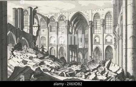 Ruine de la Grote Kerk de Bergen op Zoom, 1748, dix vues des ruines après le siège et la destruction de Bergen op Zoom en 1747 (titre de la série), ruine de l'intérieur de la Grote Kerk (Sint-Gertrudiskerk) de Bergen op Zoom en l'an 1748. Partie de la série avec dix vues des ruines après le siège et la destruction de Bergen op Zoom par les Français en juin-septembre 1747., estampe, imprimeur : Simon Fokke, après dessin par : Cornelis Pronk, pays-Bas du Nord, 1772 - 1780, papier, gravure, hauteur, 180 mm × largeur, 273 mm Banque D'Images