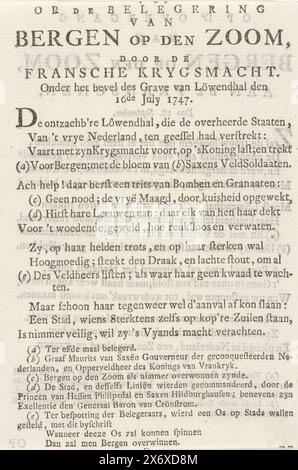 Verset sur le siège de Bergen op Zoom, 1747, sur le siège de Bergen op den Zoom, par l'armée française. Sous le commandement de des grave van Löwendhal den 16 juillet 1747 (titre sur objet), feuille de texte avec un poème sur le siège de Bergen op Zoom par les Français en juillet-septembre 1747. Feuille tirée d'un livre et imprimée des deux côtés., feuille de texte, anonyme, Nord des pays-Bas, 1747, papier, impression typographique, hauteur, 158 mm × largeur, 110 mm Banque D'Images