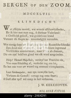Verset sur le siège de Bergen op Zoom, 1747, Bergen op den Zoom. MDCCXLVII (titre sur objet), feuille de texte avec un poème sur le siège de Bergen op Zoom par les Français en juillet-septembre 1747. Feuille tirée d'un livre et imprimée des deux côtés., feuille de texte, Jan Willem Kerkhoven, (mentionné sur l'objet), pays-Bas du Nord, 1747, papier, typographie, hauteur, 150 mm × largeur, 112 mm Banque D'Images