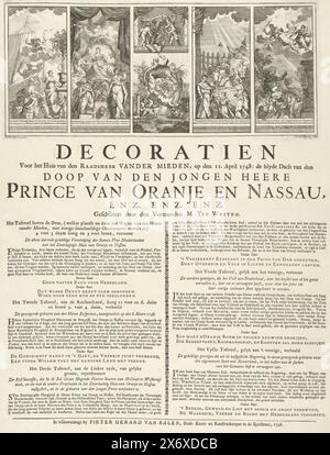 Décorations pour la maison du conseiller Van der Mieden lors du baptême du prince Willem V, 1748, décorations pour la maison du conseiller Van der Mieden, le 11 avril 1748: le joyeux Dach du baptême du jeune seigneur Prince d'Orange et de Nassau (...) peint par le célèbre M. ter Westen (titre sur objet), décorations arrangées pour la maison du conseiller Van der Mieden à la Haye à l'occasion du baptême du prince Willem V le 11 avril 1748. Quatre grands panneaux et deux panneaux plus petits avec des scènes allégoriques peintes sur le règne héréditaire des princes Guillaume IV Banque D'Images