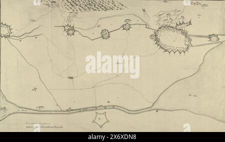 Carte avec les fortifications autour de Bergen op Zoom et forts de la région, carte ou Plan nouveau et sincère de la ville de Bergen-op-TEN-Zoom, avec les fortifications précises respectives (...), carte ou Plan Nouvelle & véritable de la ville de Bergen-op-TEN-Zoom (...) (titre sur objet), carte montrant le siège de la ville de Bergen op Zoom par l'armée française sous le général Löwenthal commencé le 12 juillet 1747. Carte montrant les fortifications autour de la ville et avec les forts voisins au bas de l'Escaut. Sur la feuille à gauche de la plaque les légendes A-NN en néerlandais et en français., imprimer, imprimer Banque D'Images