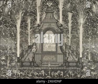 Feux d'artifice déclenchés le 9 décembre 1721 pour célébrer la paix de Nystad, en mémoire de la paix Overlordly par son Keyserlyke Mayesteit de Russie (...) et le Roi et la Couronne de Suède le 30 Augusty S.V. fermé (...) The Ed: Lord Christopher of Brants (...) résident de sa Majesté Keyserly de Russie (...) a fait ériger et allumer ce feu de joie le 9 décembre : s.. N : ao. 1721 (titre sur objet), feux d'artifice tirés du Temple de la paix le 9 décembre 1721 sur le Binnen-Amstel au Kloveniersburgwal en célébration de la paix de Nystad conclue entre la Russie et la Suède le 10 septembre Banque D'Images