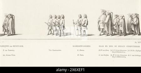 Greffiers et membres de l'exécutif provincial de Frise dans le cortège funéraire de la princesse Maria Louise, 1765, cortège funéraire de la princesse Maria Louise, 1765 (titre de la série), greffiers et membres de l'exécutif provincial de Frise. Marqué en bas à droite : PL. XIV sur la feuille en dessous de la plaque les noms des personnes dans la procession. Une partie de la série de planches des funérailles de la princesse Maria Louise à Leeuwarden le 13 juin 1765., estampe, imprimeur : Rienk Jelgerhuis, éditeur : Abraham Ferwerda, Leeuwarden, 1765, papier, gravure, hauteur c. 250 mm × largeur c. 365 mm Banque D'Images