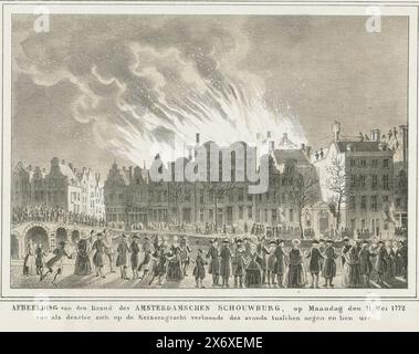 Incendie dans le théâtre d'Amsterdam, 1772, image de l'incendie du Schouwburg d'Amsterdam, le lundi 11 mai 1772, tel qu'il s'est produit sur le Keizersgracht dans la soirée entre neuf et dix heures (titre sur l'objet), l'incendie qui fait rage dans le théâtre d'Amsterdam vu du Keizersgracht. Les foules sont debout sur les quais et le pont., impression, imprimeur : anonyme, après impression par : Noach van der Meer (II), (mentionné sur l'objet), pays-Bas du Nord, 1820 - 1860, papier, hauteur, 240 mm × largeur, 302 mm Banque D'Images