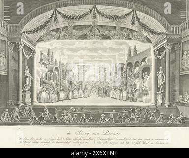 Théâtre avec décor de scène : le Berg van Parnas, le Berg van Parnas (titre sur objet), décors de scène du théâtre d'Amsterdam, vers 1760 (titre de la série), représentation au théâtre d'Amsterdam sur le Keizersgracht avec le décor de scène le Berg van Parnas avec scène de: Eeuwgetijd de l'Amsteldam Schouwburg. Le décor imprimé à partir d'une plaque séparée (usée) dans un passe-partout avec la salle, les boîtes latérales, la fosse d'orchestre et la façade de la scène avec des colonnes, des guirlandes et des lustres. Le titre et un couplet de quatre lignes sont également imprimés à partir d'une plaque séparée. Partie d'une série de 12 étapes Banque D'Images