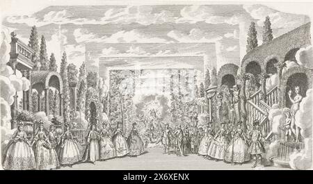 Décor : le Berg van Parnas, décors du théâtre d'Amsterdam, vers 1760 (titre de la série), le décor du Berg van Parnas avec scène de : L'Eeuwgetijd van den Amsteldamschen Schouwburg. Seul le décor imprimé à partir d'une plaque séparée, donc sans le passe-partout. Fait partie d'une série de 12 décors du théâtre d'Amsterdam sur le Keizersgracht., imprimeur : Jan Punt, (attribué à), Amsterdam, 1738 - 1740, papier, gravure, gravure, hauteur, 145 mm × largeur, 270 mm Banque D'Images