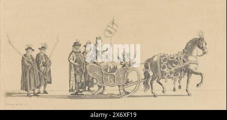 Sixième luge, Sledevaart de la société Leiden Veniam Pro Laude en 1776 (titre de la série), sixième luge du défilé. Un traîneau avec la ville vierge de Leyde, tiré par un cheval et suivi par deux messagers de la ville à pied. Partie d'une série de douze planches (gravure avant le numéro et sur différents papiers) de la balade en traîneau du 24 janvier 1776 organisée par la société Leyde Veniam Pro Laude à l'occasion du deuxième Centenaire du relief de Leyde (3 octobre 1574) et sa fondation à l'Université de Leyde (8 février 1575)., imprimeur, imprimeur : Nicolaas van der Worm, ( Banque D'Images