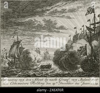 Rencontre entre Fielding et Van Bylandt, 1779, rencontre entre le comte de Byland et le Commodore Fielding. Le 29 décembre 1779 (titre sur objet), rencontre entre une escadron anglais sous le commandement de Charles Fielding et une escadron hollandaise sous le commandement de Lodewijk van Bylandt qui escortait un convoi, près de l'île de Wight le 31 décembre 1779., imprimeur, imprimeur: Simon Fokke, (mentionné sur l'objet), d'après sa propre conception par : Simon Fokke, (mentionné sur l'objet), éditeur : Arend Fokke Simonsz., (mentionné sur l'objet), pays-Bas du Nord, 1783 - 1784, papier, gravure, hauteur, 90 mm Banque D'Images