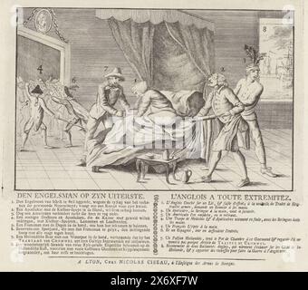 Caricature sur les Anglais, vers 1780, L'Anglais à son extrême, L'Anglois a toute Extremitez (titre sur objet), caricature sur les Anglais en 1780. Un Anglais, peut-être le roi George III, est malade au lit. Un pharmacien se prépare à administrer un lavement au roi avec une seringue de lavement, mais est arrêté par un américain. Le Hollandais tient un pot dans lequel l'Anglais vomit. Sur la feuille ci-dessous la plaque l'explication des chiffres 1-18 en néerlandais et en français., print, imprimeur : anonyme, éditeur : anonyme, pays-Bas du Nord, 1780, papier, gravure, gravure, typographie Banque D'Images