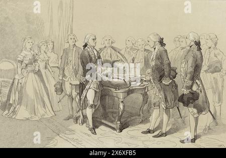 Guillaume V honore les héros de la bataille navale à Dogger Bank, 1781, le prince Willem V récompense le contre-amiral Johan Zoutman avec une épée et une médaille commémorative le 30 novembre, après sa victoire dans la bataille navale à Dogger Bank entre les flottes néerlandaise et britannique le 5 août, 1781. Marqué en haut à droite : LXIX., imprimeur : Monogrammist IHM, (mentionné sur l'objet), après dessin par : Charles Rochussen, (mentionné sur l'objet), imprimeur : Emrik & Binger, (mentionné sur l'objet), imprimeur : pays-Bas, imprimeur : Haarlem, 1853 - 1861, papier, hauteur, 165 mm × largeur, 238 mm Banque D'Images