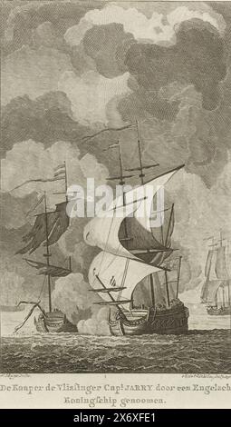 Jarry meurt dans une bataille avec les Anglais, 1783, de Kaaper de Vlissinger Capt. Jarry pris par un navire du roi anglais (titre sur objet), le navire corsaire 'de Vlissinger' du capitaine corsaire Nicolas Jarry dans la bataille avec un navire de guerre anglais, Jarry a été tué dans la bataille, janvier 1783., imprimer, imprimeur : Reinier Vinkeles (I), (mentionné sur l'objet), après dessin par : Jacobus Buys, (mentionné sur l'objet), pays-Bas du Nord, 1791, papier, gravure, gravure, hauteur, 157 mm × largeur, 91 mm Banque D'Images