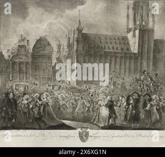 Foules de personnes sur la Grand place à Bruxelles, 1787, représentation de la Soule du Peupl dans la Grande place a Bruxelles, lors de l'Assemblée des Etats du Brabant le 9 mai 1787 (titre sur objet), foule de fête rassemblées sur la Grand place pour la mairie de Bruxelles, à l'occasion de la réunion des États du Brabant, le 9 mai 1787. Dans la légende les armoiries du Brabant. Avec pendentif., impression, imprimeur : Rodolphus Rogers, (mentionné sur l'objet), d'après son propre dessin par : Rodolphus Rogers, (mentionné sur l'objet), Bruxelles, 1787, papier, gravure, gravure, hauteur, 425 mm × largeur, 496 mm Banque D'Images