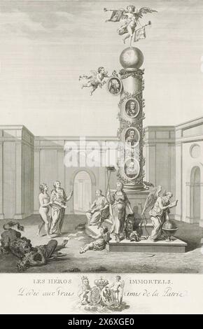 Immortal Heroes, 1787, les héros immortels (titre sur objet), allégorie sur la récupération du Stadtholder Guillaume V en 1787. Colonne d'honneur avec les portraits de Guillaume d'Orange, Frédéric-Henri et Guillaume III et au-dessus de laquelle est maintenant accroché le portrait de Guillaume V. Sur le dessus de la colonne, la renommée souffle la trompette. Au pied de la colonne, la vérité a tiré le bandeau des yeux de la République, ainsi que la liberté, Wilhelmine de Prusse comme Minerve et Père temps. Sur la gauche, le lion hollandais déchire la discorde. Dans la légende les armoiries d'Orange et de Prusse. La photo est fournie avec Banque D'Images