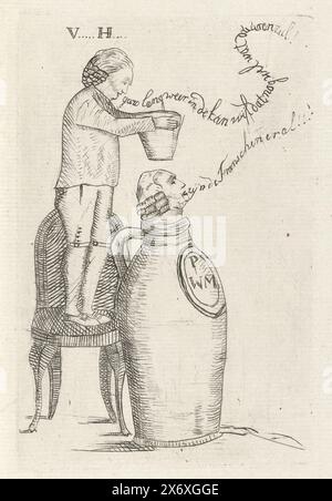 Caricature sur Pieter Witmond, 1787, caricature sur le représentant patriote d'Amsterdam et vendeur de poterie Pieter Witmond, 1787. Seule la tête de Witmond dépasse d'un bocal marqué PWM. Un homme inconnu (marqué V... H...) se tient sur une chaise derrière la verseuse et souhaite mettre le bouchon dans la verseuse. Avec inscriptions., impression, imprimeur : anonyme, Nord des pays-Bas, 1787, papier, gravure, hauteur, 151 mm × largeur, 100 mm Banque D'Images