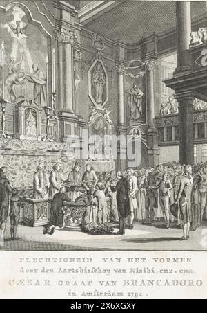 Administration de confirmation dans l'église Moïse et Aäron à Amsterdam, 1792, cérémonie de confirmation par l'archevêque de Nisibi (...) César Comte de Brancadoro à Amsterdam 1792 (titre sur objet), vue à l'intérieur de l'église Moïse et Aäron à Amsterdam, où Cesare Brancadoro, archevêque de Nisibi, confirmation administrée aux fidèles, juin 1792., imprimerie, imprimeur : anonyme, (mentionné sur l'objet), Nord des pays-Bas, 1792, papier, gravure, gravure, hauteur, 178 mm × largeur, 135 mm Banque D'Images