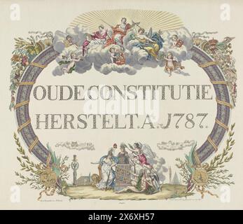 Allégorie sur la récupération du stadtholder, 1787 (coloré), ancienne Constitution restaurée. AO. 1787 (titre sur objet), allégorie sur la récupération du Stadtholder Guillaume V en 1787 grâce à l'intervention des troupes prussiennes. Inscription calligraphique avec vignettes allégoriques. Au sommet, avant que le soleil rayonnant ne soit assis Justice avec prudence et paix. Sur les cornes gauche et droite de l'abondance d'où les fruits et les richesses coulent. En bas une vignette avec liberté et temps Père. L'image est fournie avec une explication., impression, imprimeur : Jan Gerritsz. Visser, (mentionné sur l'objet), après dessin Banque D'Images