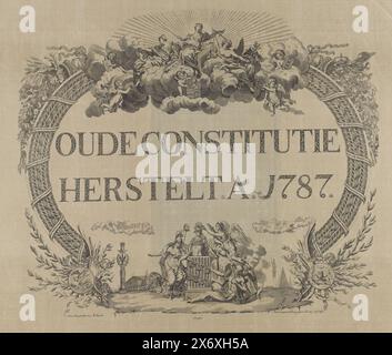 Allégorie sur la restauration du Stadtholder, 1787 (sur satin), ancienne Constitution restaurée. AO. 1787 (titre sur objet), allégorie sur la récupération du Stadtholder Guillaume V en 1787 grâce à l'intervention des troupes prussiennes. Inscription calligraphique avec vignettes allégoriques. Au sommet, avant que le soleil rayonnant ne soit assis Justice avec prudence et paix. Sur les cornes gauche et droite de l'abondance d'où les fruits et les richesses coulent. En bas une vignette avec liberté et temps Père. Imprimé sur satin avec des rubans roses cousus dessous et dessus. L'image est livrée avec une explication., imprimer Banque D'Images