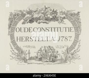 Allégorie sur la restauration du Stadtholder, 1787, ancienne Constitution restaurée. AO. 1787 (titre sur objet), allégorie sur la récupération du Stadtholder Guillaume V en 1787 grâce à l'intervention des troupes prussiennes. Inscription calligraphique avec vignettes allégoriques. Au sommet, avant que le soleil rayonnant ne soit assis Justice avec prudence et paix. Sur les cornes gauche et droite de l'abondance d'où les fruits et les richesses coulent. En bas une vignette avec liberté et temps Père. L'image est fournie avec une explication., impression, imprimeur : Jan Gerritsz. Visser, (mentionné sur l'objet), après avoir dessiné par Banque D'Images