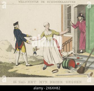 Princesse Wilhelmine renvoyée comme femme de ménage, 1795, Willemyntje le nettoyeur, je dirai à mon frère (titre sur l'objet), caricature dans laquelle la princesse Wilhelmine de Prusse est renvoyée de la maison comme femme de ménage et chassée par un patriote, un Keeshond aboie à elle. Sur la gauche, un soldat prussien regarde avec stupéfaction. En arrière-plan, le marchand de Scheveningen pointe vers la mer avec ses propriétaires terriens. Suite à la fuite du prince et de la princesse en Angleterre en janvier 1795. L'impression comprend une page de texte., impression, imprimeur : anonyme, pays-Bas du Nord, 1795, papier, gravure Banque D'Images