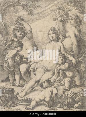 Bacchus, Vénus et Cérès, Cérès et Vénus sont assis à côté d'une cornucopie. Deux putti jouent au sol. Un autre putto remplit un bol à boire pour Vénus. Bacchus mange d'un bouquet de raisins, appuyé sur un tonneau de vin. Sur le sol est un coffre avec des objets de valeur, à côté de lui sont une couronne et un sceptre., impression, imprimeur : Cornelis Schut (I), d'après son propre design par : Cornelis Schut (I), (mentionné sur l'objet), inconnu, (mentionné sur l'objet), 1607 - 1655, papier, gravure, cisaillement, hauteur, 246 mm × largeur, 193 mm Banque D'Images