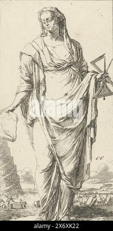 Personnification de l'architecture, Boukonst (titre sur objet), une et quarante pièces, plusieurs images de Sinne (titre de la série), Une figure féminine comme personnification de l'architecture, avec un dessin de construction dans sa main droite et des instruments de mesure et de dessin dans sa main gauche. En arrière-plan la construction de la Tour de Babel. Imprimé à partir d'une série de 41 symboles., imprimé, imprimeur : Arnold Houbraken, après sa propre conception par : Arnold Houbraken, éditeur : Leonard Schenk, Amsterdam, 1710 - 1719, papier, gravure, stylo, hauteur, 176 mm × largeur, 90 mm Banque D'Images