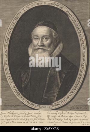 Portrait de Johannes Polyander van Kerkhoven à l'âge de 77 ans, Iehan Polyander de Kerckhoven (...) de son âge 77 ans (titre sur objet), Portrait de Johannes Polyander van Kerkhoven à l'âge de 77 ans, buste du prédicateur vêtu d'une toge à col plissé. Au-dessus du cadre ovale se trouve une devise : Religieusement & prudement. Dans la marge sous un verset de E. Dupré., estampe, imprimeur : Cornelis van Dalen (I), (mentionné sur l'objet), après peinture par : David Baudringien, (mentionné sur l'objet), éditeur : Jan du pré, (mentionné sur l'objet), Amsterdam, 1645, papier, gravure, hauteur, 315 mm × largeur, 223 Banque D'Images