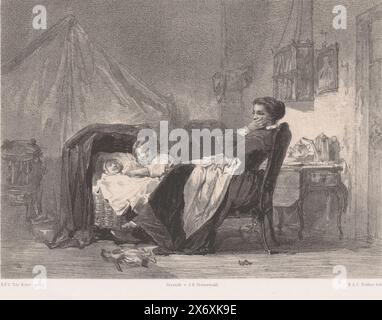 Mère de maison avec deux enfants, Une femme est assise tournée vers la gauche et affaissée sur une chaise. Elle soutient sa tête avec sa main gauche. Devant elle se trouve un berceau avec un bébé dedans. Un deuxième enfant se tient à droite du berceau. Il y a une poupée sur le sol., impression, imprimeur : Hendrik Adriaan Christiaan Dekker, (mentionné sur l'objet), après peinture par : Herman Frederik Carel TEN Kate, (mentionné sur l'objet), imprimeur : Jan Dam Steuerwald, (mentionné sur l'objet), imprimeur : Amsterdam, imprimeur : la Haye, 1846 - 1863, papier, hauteur, 268 mm × largeur, 350 mm Banque D'Images