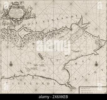 Carte de la partie orientale du golfe de Finlande, Nouvelle carte pour une partie de la mer de l'est à partir de 3 miles à l'ouest de Broklom à Strellen, ainsi que la côte est du Vinland, à partir de Parna à Schans ter NY. Zynde a noté et corrigé avec précision de nombreuses erreurs. (Titre sur l'objet), carte de la partie orientale du golfe de Finlande, avec deux roses de boussole, le nord est au sommet. En haut à gauche un cartouche avec le titre et l'adresse de l'éditeur, décoré d'armoiries, de cerfs, d'ours et de sceaux. En bas à droite l'échelle en miles allemand, espagnol et anglais ou français (échelle : c. 1:400,000)., impression, imprimeur Banque D'Images