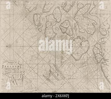 Carte de passage des îles Zeeland et une partie de la mer du Nord, carte de passage des côtes de Zeeland. A partir de la Maas, jusqu'à la Wielingen. Tout sur les nouvelles, et sensiblement amélioré (titre sur l'objet), carte de passage des îles Zeeland et une partie de la mer du Nord, avec deux roses de boussole, le Nord est sur la gauche. En bas à gauche un cartouche avec le titre, l'adresse de l'éditeur et l'échelle, en allemand, espagnol et anglais ou français miles (échelle : c. 1:170,000). Ces détails incluent un putti, une femme avec une couronne d'échevin et un lion., print, print maker : anonyme, après print Banque D'Images