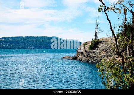 Arbres solitaires sur une falaise rocheuse avec pour toile de fond un lac et des sommets montagneux à l'horizon, parc national de Bariloche Banque D'Images