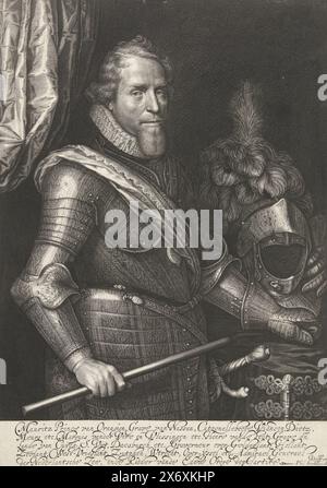 Portrait de Maurits, Prince d'Orange, Portrait de Maurits, Prince d'Orange, debout en armure avec état-major de commandement. Cinq lignes d'inscription latine dans la marge inférieure., estampe, imprimeur : Willem Jacobsz Delff, (mentionné sur l'objet), après peinture par : Michiel Jansz van Mierevelt, (mentionné sur l'objet), éditeur : Philips Jacobsz van Steenwegen, (mentionné sur l'objet), Delft, 1607 - 1625, papier, gravure, hauteur, 313 mm × largeur, 224 mm Banque D'Images