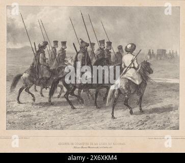 Des cosaques à lances à cheval accompagnent un char, 11 octobre 1837, escorte de Cosaques de la ligne du Kouban. Taman (...) 11 octobre 1837 (titre sur objet), voyage à travers la Russie méridionale et la Crimée (titre de la série), voyage dans la Russie méridionale et la Crimée (titre de la série), estampe, imprimeur : Denis Auguste Marie Raffet, (mentionné sur objet), d'après son propre dessin par : Denis Auguste Marie Raffet, imprimeur: Auguste Bry, (mentionné sur l'objet), Paris, 1838, papier, hauteur, 354 mm × largeur, 447 mm Banque D'Images